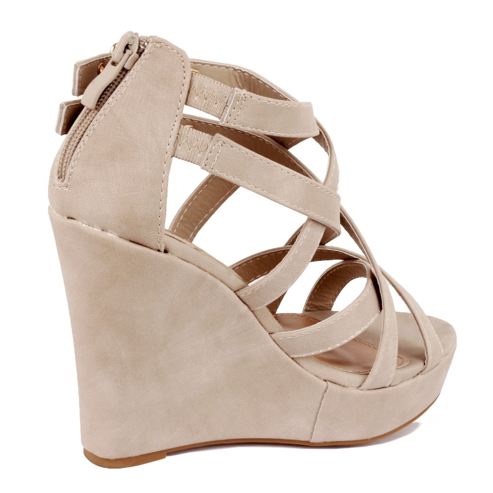 Beige Strappy Buckle Gladiator Wedge Sandal Jessie - Picture 3 of 3